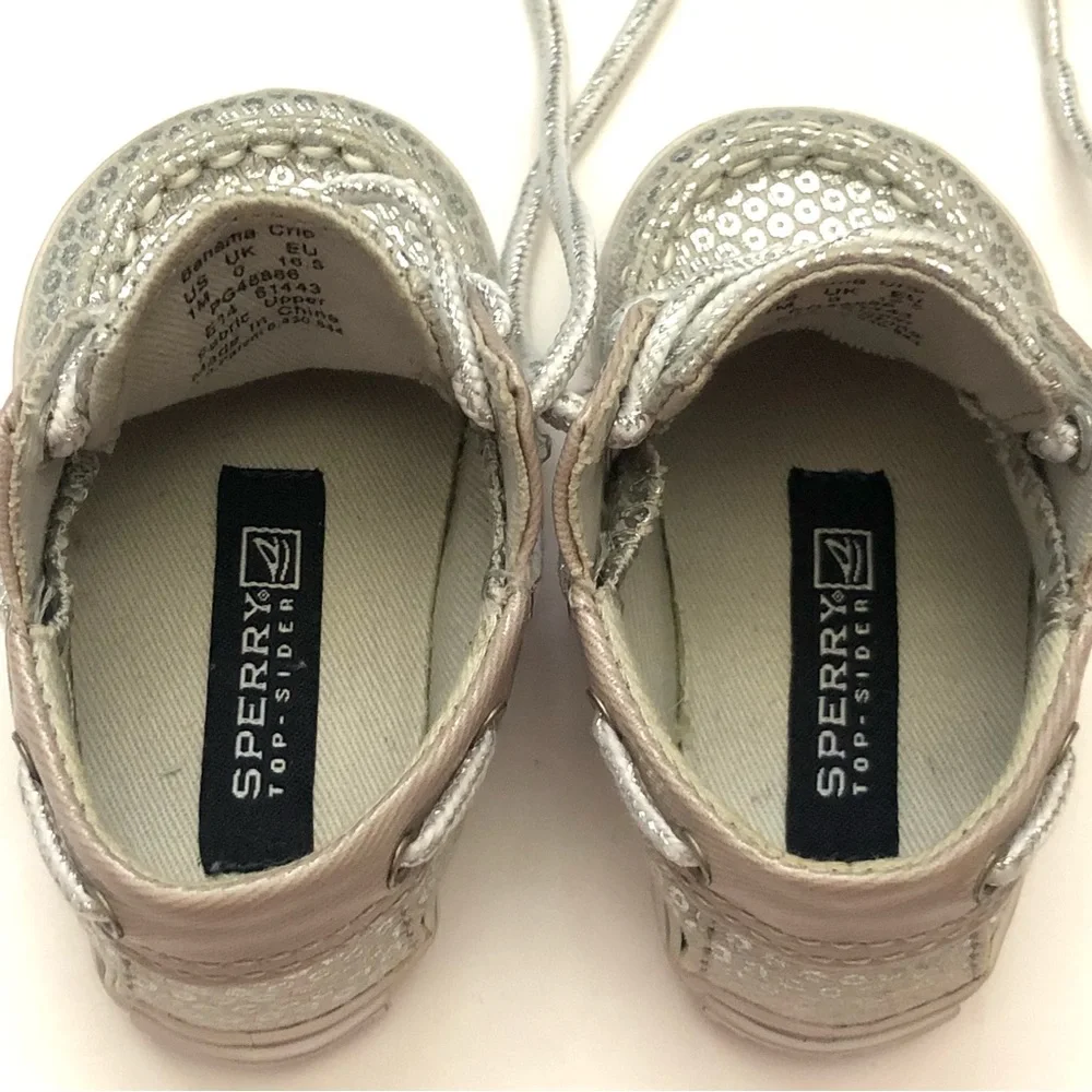Sperry Topsider Faux Silver Sequin Lace Up Bahama Crib Jr Boat Shoes Baby US 1 M